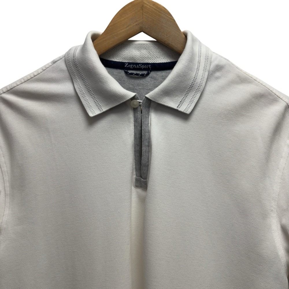 Zegna Sport Men's Size Large White & Gray Pique Knit Cotton Loop Button Polo guc